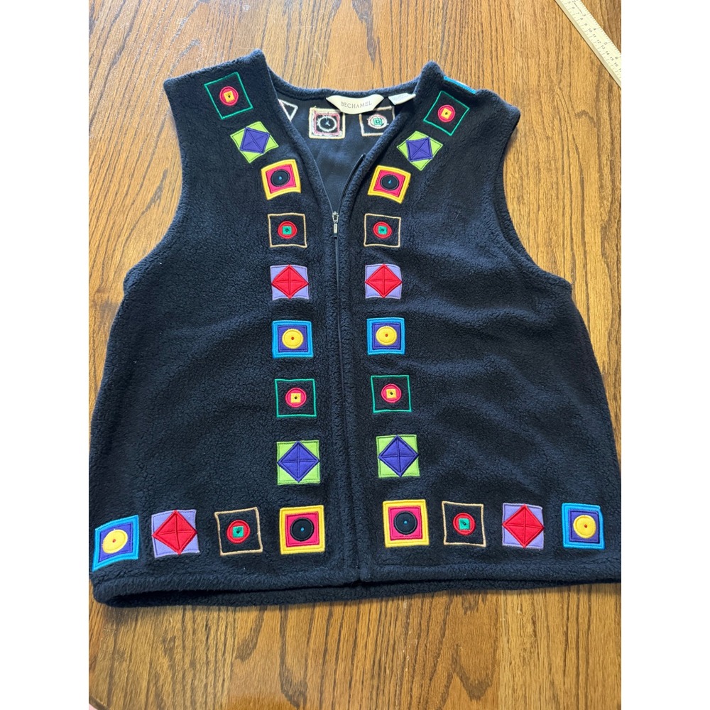 Bechamel Vintage Fleece Vest Black Geometric Applique Embroidery Zip Up Small